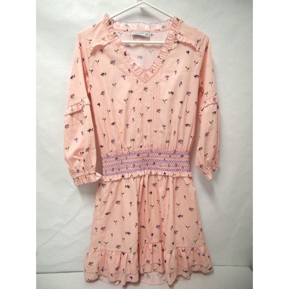 Ellor Womens Dress XS Pink Floral Smoked Waist 3/4 Sleeve V-Neck Ruffle Smocked